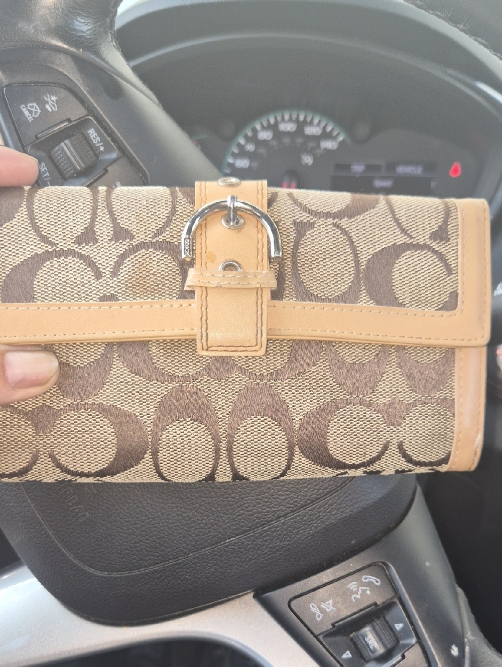 Coach Brown and Tan Signature Canvas Wallet with Buckle Trim